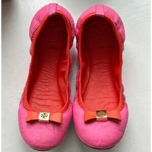Tory Burch Pink Orange Ballet Leather Flats Womens Shoes 8M Barbie Bright Preppy
